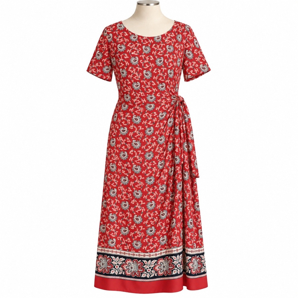 Vintage 90s Talbots Pure Silk Dress Size 14 Red Paisley Border Print Boho Maxi